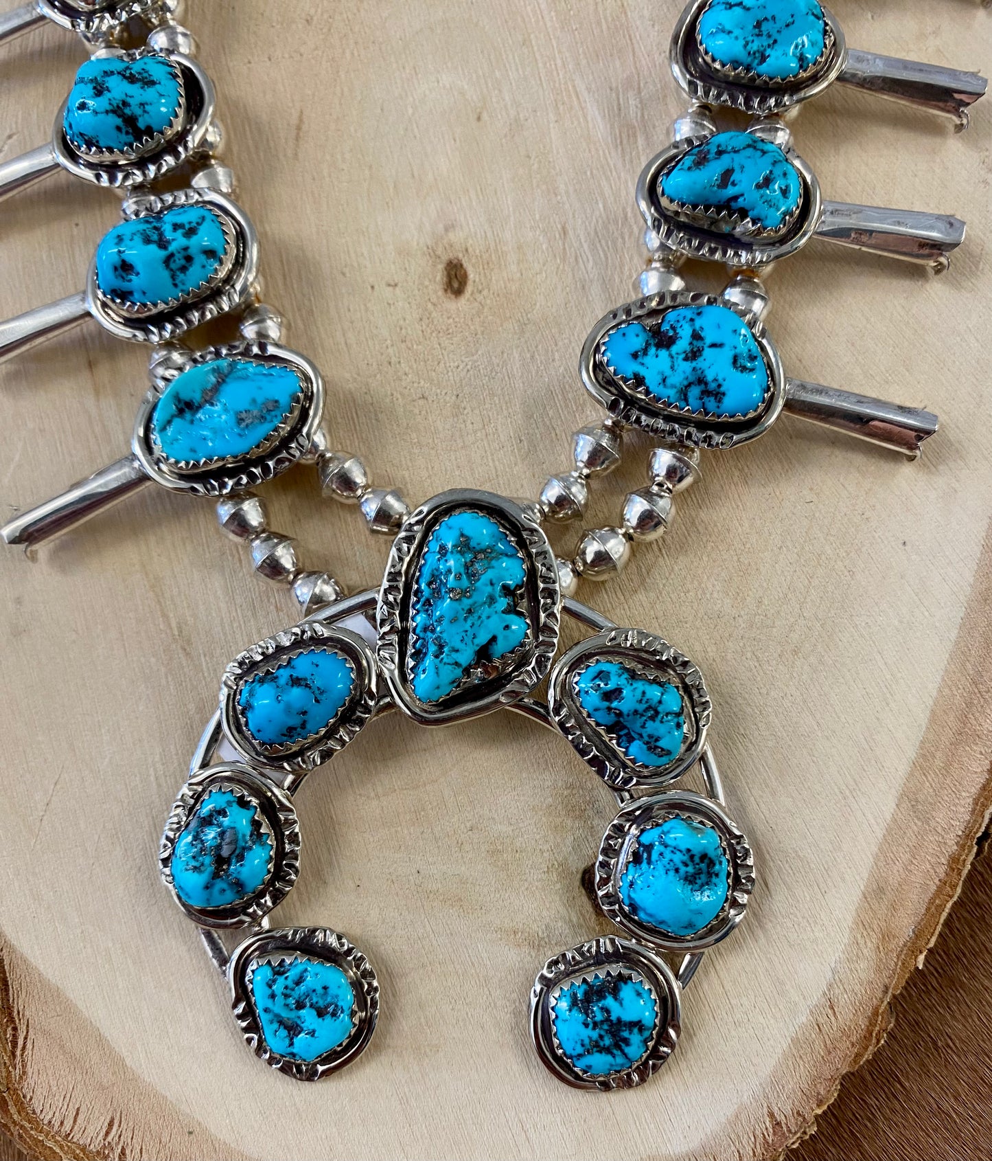 Kingman Turquoise Squash Blossom Necklace