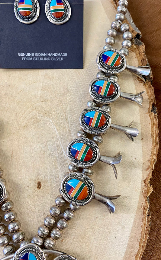 Multicolor Inlay Sterling Silver Squash Blossom Necklace Set