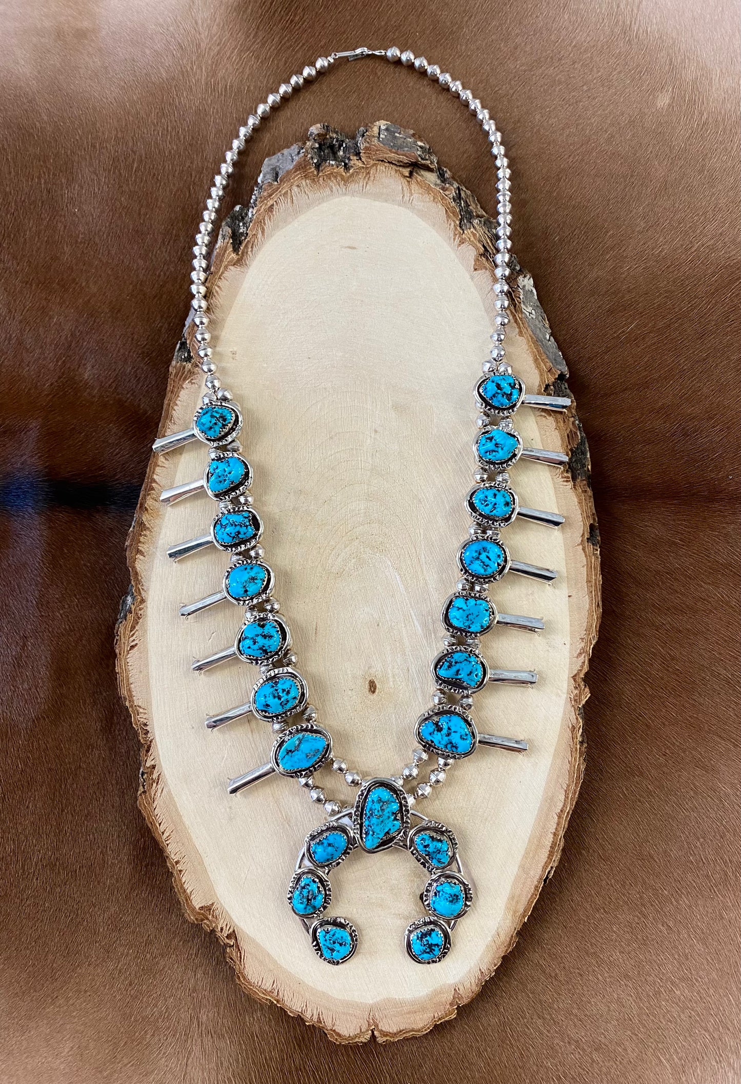Kingman Turquoise Squash Blossom Necklace
