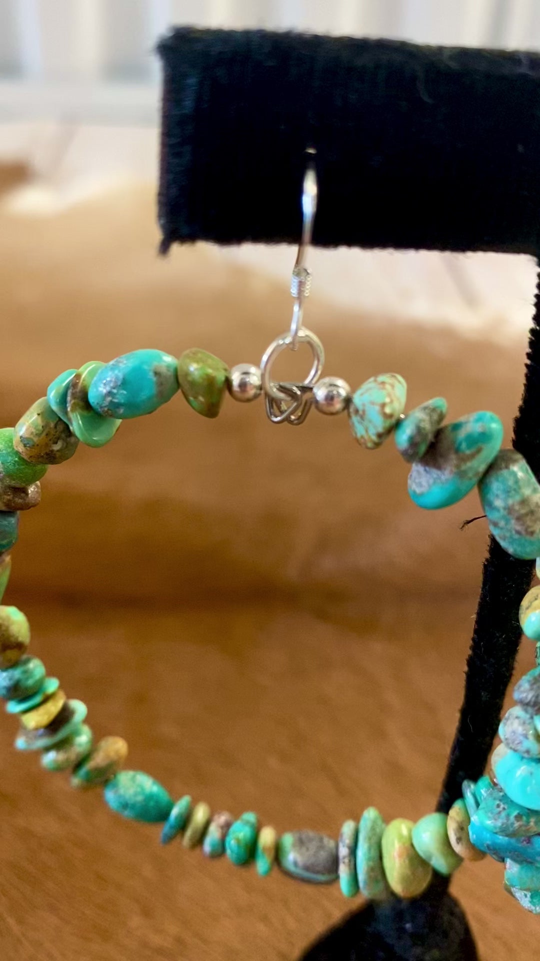 Handmade Native American Made Sterling Silver Turquoise Hoop Earrings Handmade turquoise beaded Native American made hoop sterling silver earrings. The perfect statement or everyday earrings to add to your jewelry collection! These are lightweight and easy to pair with almost any outfit!   Size: 2.5” Inches  width X 2” Inches length   Stone: Turquoise   Turquoise Silver Earrings, Turquoise Hoop