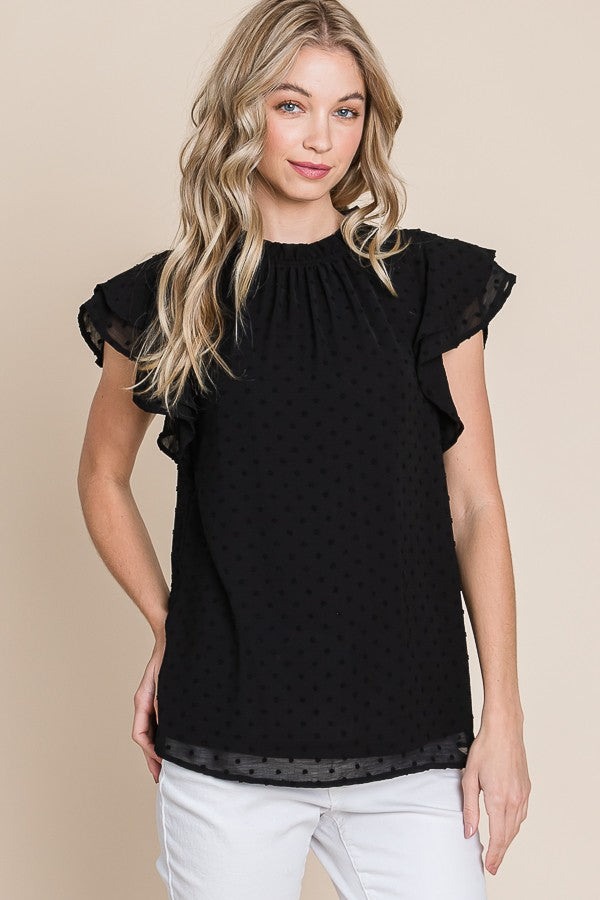Black High Neck Short Sleeve Blouse | Western Business Casual Outfit Woven pom pom style short frill sleeved blouse with high neck. This blouse is so so cute and unique. It can be worn and styled so many different ways. From work professional with a blazer to casual tucked in to a pair of bell bottomed jeans. Perfect for NFR, business casual, and date night outfits.