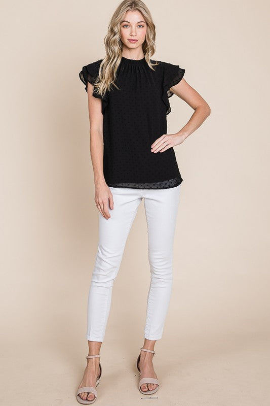 Black High Neck Short Sleeve Blouse | Western Business Casual Outfit Woven pom pom style short frill sleeved blouse with high neck. This blouse is so so cute and unique. It can be worn and styled so many different ways. From work professional with a blazer to casual tucked in to a pair of bell bottomed jeans. Perfect for NFR, business casual, and date night outfits.