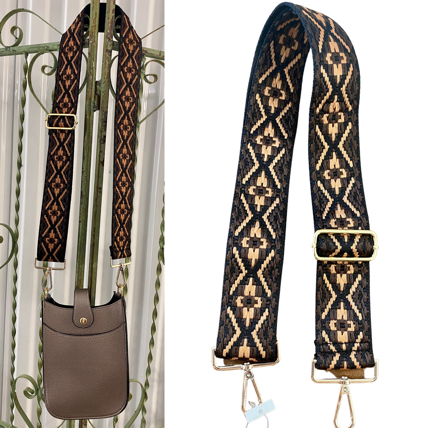 Change the look of any purse with this brown and tan purse strap! These stylish guitar style strap adds a pop of color and fashion to any bag, big or small. Adjustable down to 29 inches for a belt bag, or 52 inches at its longest length for a crossbody strap. The newest trend in handbags, at a fraction of the designer price!
