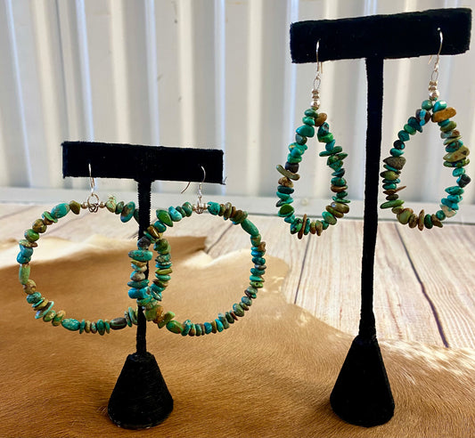 Native American Made Sterling Silver Turquoise Beaded Teardrop Earrings Lightweight turquoise chip sterling silver teardrop earrings. These Native made turquoise earrings are the perfect staple everyday piece to add to your jewelry collection or gift to a loved one! Easy to pair with almost any outfit for any occasion. From business casual to formal outfits. Size: 2” inch length Stone: Turquoise