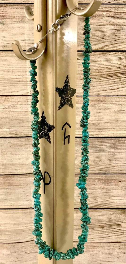 The Tucumcari Necklace - Ny Texas Style Boutique Single turquoise strand sterling silver clasp Native made necklace. This one of a kind necklace is beautiful with the variation of color throughout each stone. The perfect piece to layer with other necklaces and/or add a pendant too! Size: 27" Inches Length Stone: Turquoise