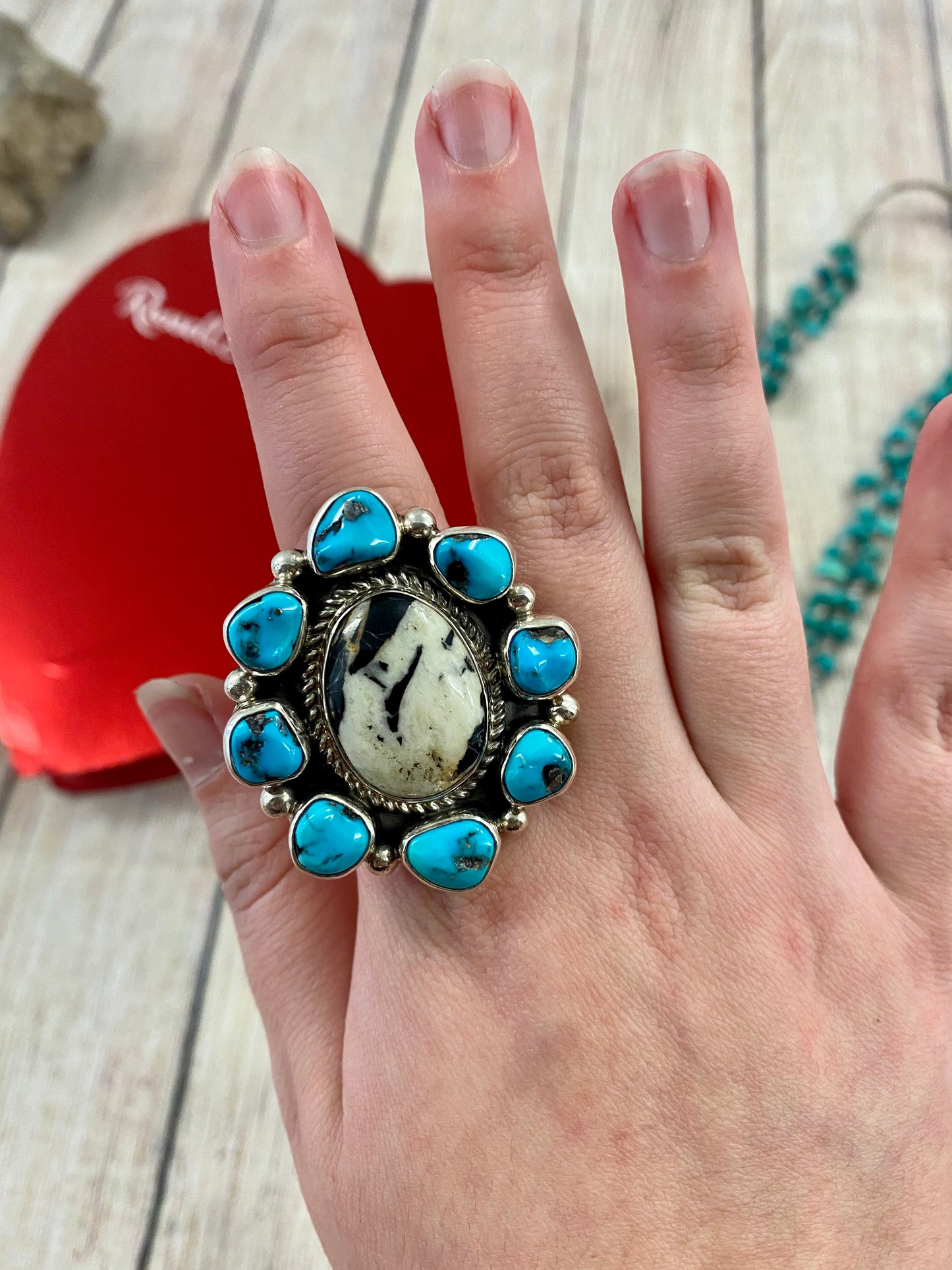 The Turquoise & White Buffalo Ring (Adjustable) Signed By B. Shorty