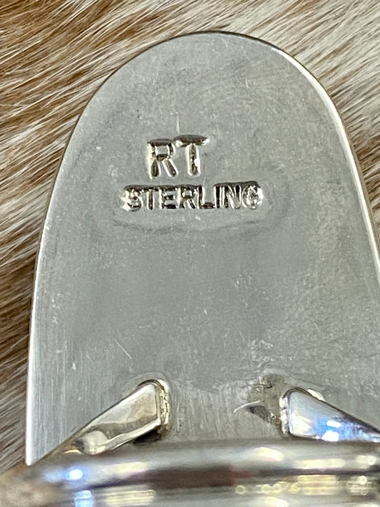 Large sterling silver onyx single stone handmade statement size 9 ring. Stamped sterling and signed RT artist silversmith on the back of the ring. The perfect unique piece of jewelry to add to your next outfit!   Size: 2” inches length x 3/4” inch width   Ring Size: 9  Signed: YES "RT "  Stone: Onyx