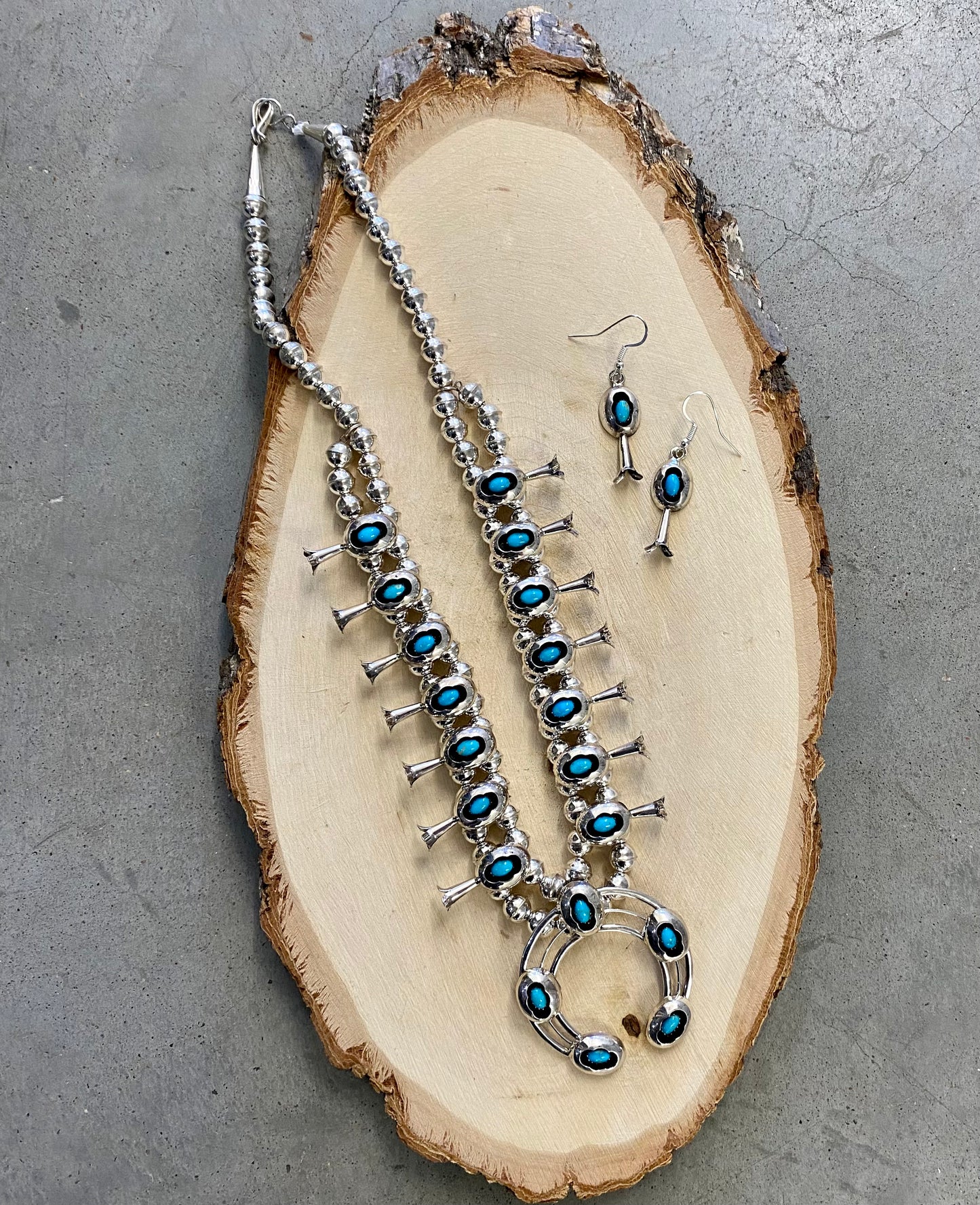 The Turquoise Squash Blossom & Earrings Set Signed PG