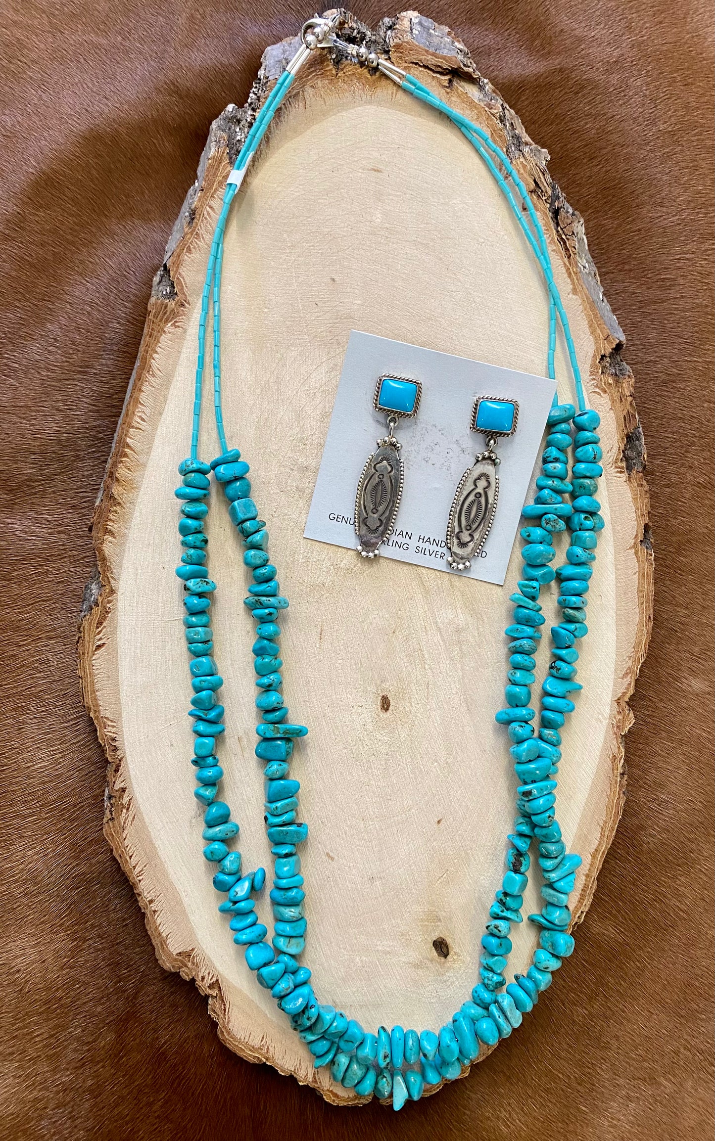 This handmade 27” inches length necklace is an absolute beauty. A stunning Native-made two-strand turquoise sliced beads necklace. Layer it or wear it alone or add a pendant to keep your look totally unique. The perfect dainty layering piece! Simple, yet striking! Size: 27” Inches Length Stone: Turquoise