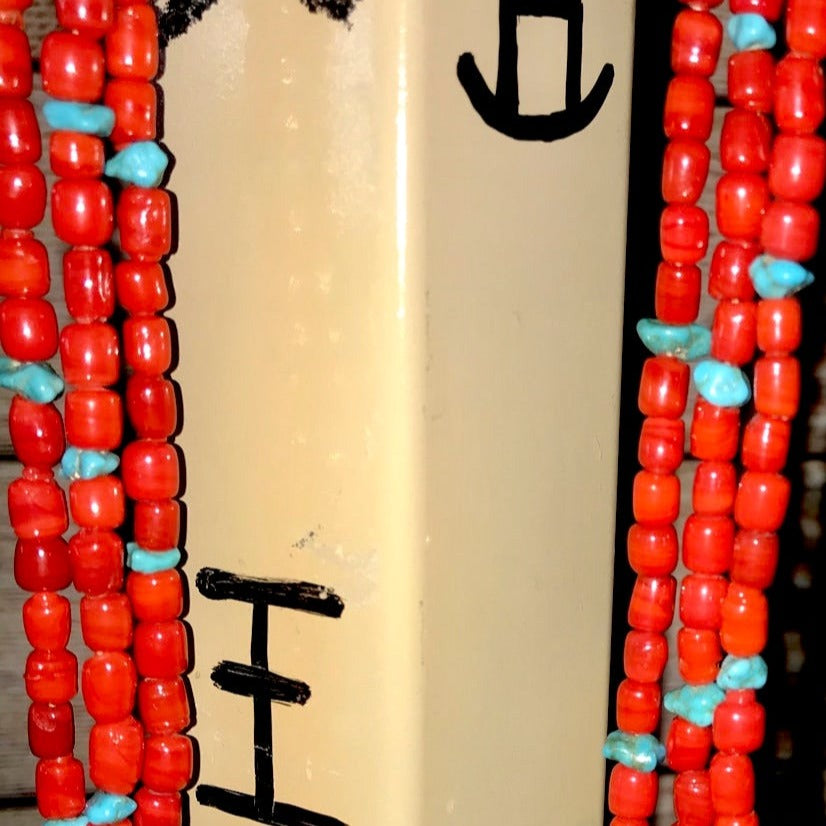 The Amanda Three Strand Coral and Turquoise 30" Inch Length NecklaceTriple strand native made coral and turquoise with sterling silver clasp necklace. This firecracker is beautiful and makes for the PERFECT summertime necklace. The perfect necklace to add a pendant to, layer with other necklaces, or wear alone! Size: 30” Inch Length Closure: Hook Stone: Turquoise and Coral