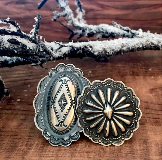 Adjustable Concho Ring Signed By Native Artist Vincent J. Platero Native American made sterling silver Concho style stamped ring. Size: Round Circle : 1.5” inch wide round   Signed: YES "VJP"  Hallmark/Artist: Vincent J. Platero stamped sterling and signed by their artist silversmith Vincent J. Platero. Handmade western concho style adjustable ring by Native American artist silversmith. Western statement ring.