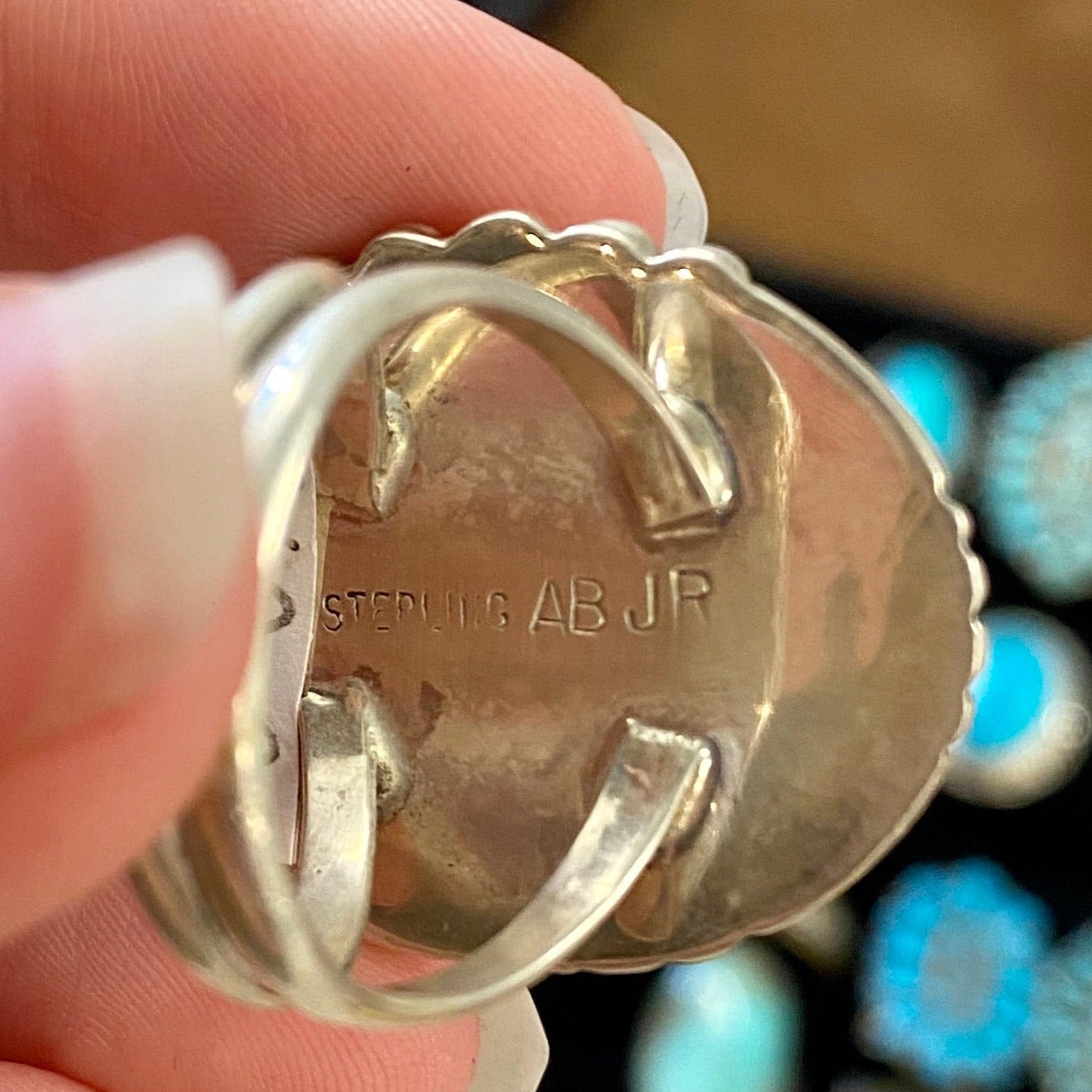 Stamped sterling and signed AB JR by Native American artist silversmith Allen Boy Jr. turquoise ring. Men's Western Turquoise Ring | Women's Western Jewelry | Sterling Silver Native American Ring | Round Oval Turquoise Ring Size 10 | Turquoise Native Made Ring | Western Jewelry Ring | Sterling Silver Turquoise Ring