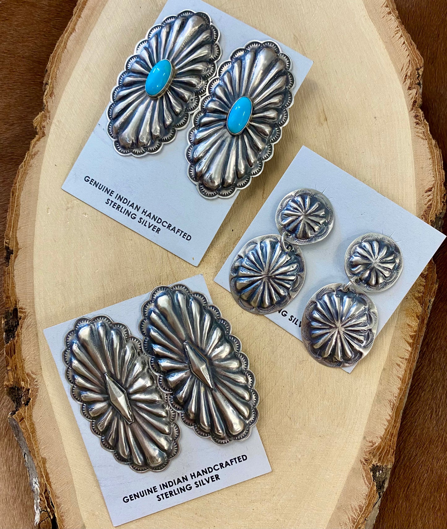 Beautiful double Concho post sterling silver authentic earrings by Native American artist silversmith Joan Begay. The perfect statement silver earrings to wear casually or dressed up. Size: 2" Inches Length X 1" Inch Width Signed: Yes Hallmark/Artist: Joan Begay Western Earrings, Concho Jewelry, Native Made Earrings