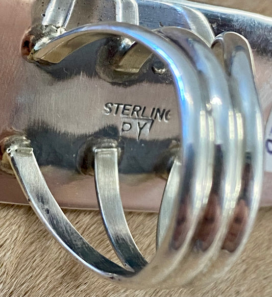 Large sterling silver onyx single stone Native made statement size 8 ring. Stamped sterling and signed PY by Native American artist silversmith Phillip Yazzie. The perfect piece to add to anyone's jewelry collection. Size: 2.5” inches length x 1” inch width Ring Size: 8 Signed: YES "PY" Hallmark/Artist: Phillip Yazzie Stone: Onyx