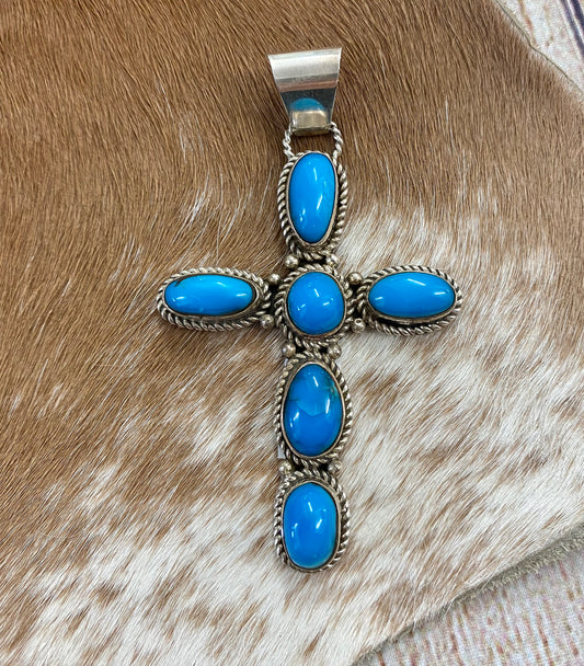 Kingman Turquoise Cross Pendant By Fred Peters