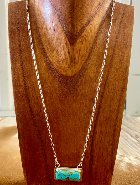 Sterling Silver Native American Made Turquoise Bar 20" Inches Necklace Sterling silver beautiful lightweight turquoise bar chain necklace. Perfect piece to wear alone or layered with other necklaces. Native American handmade by artist silversmith Lee McCray. Size: 20” inches Signed: YES Hallmark/Artist: Lee McCray Stone: Turquoise