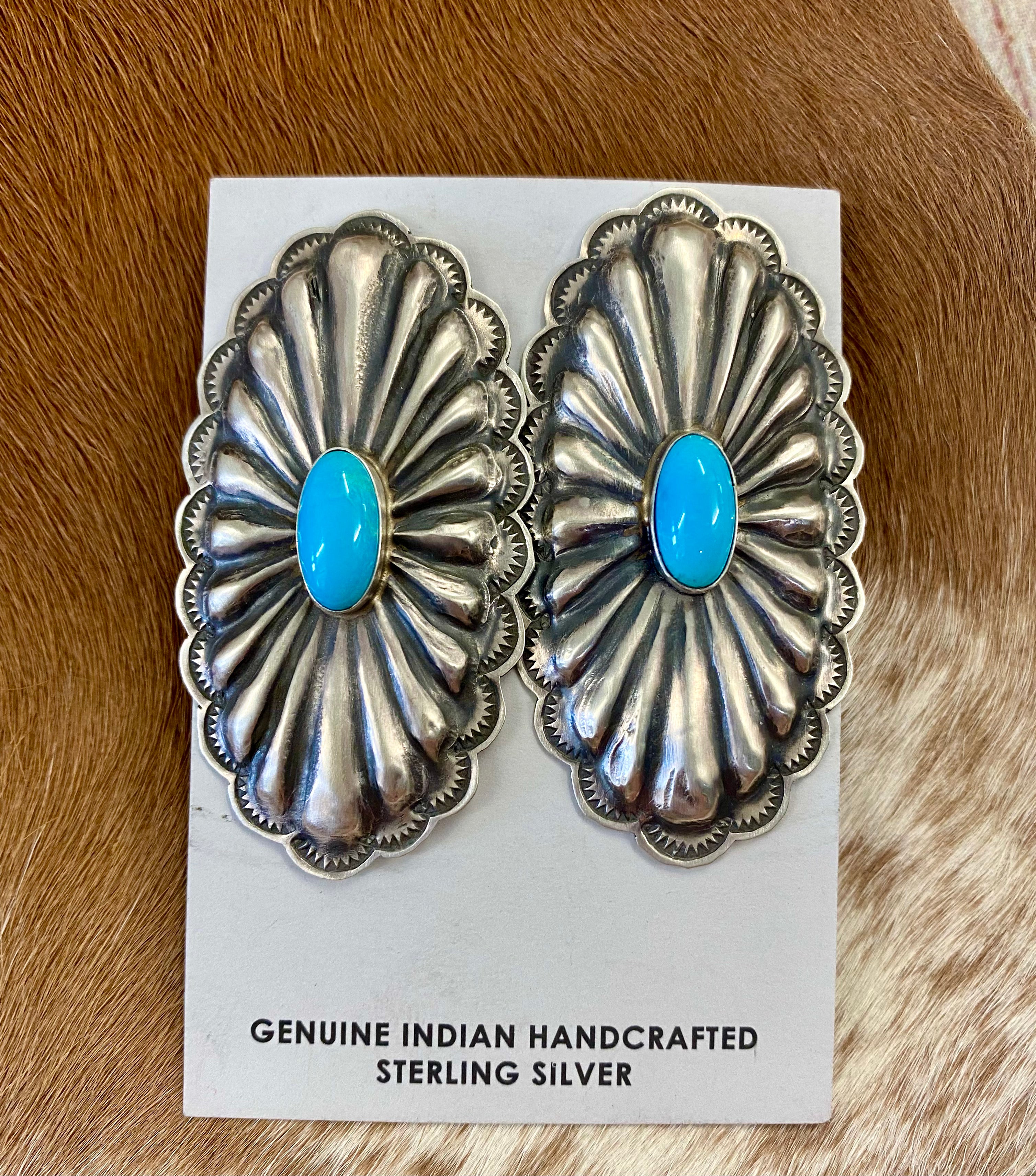 Large Statement Concho Turquoise Earrings By Native Artist Rita