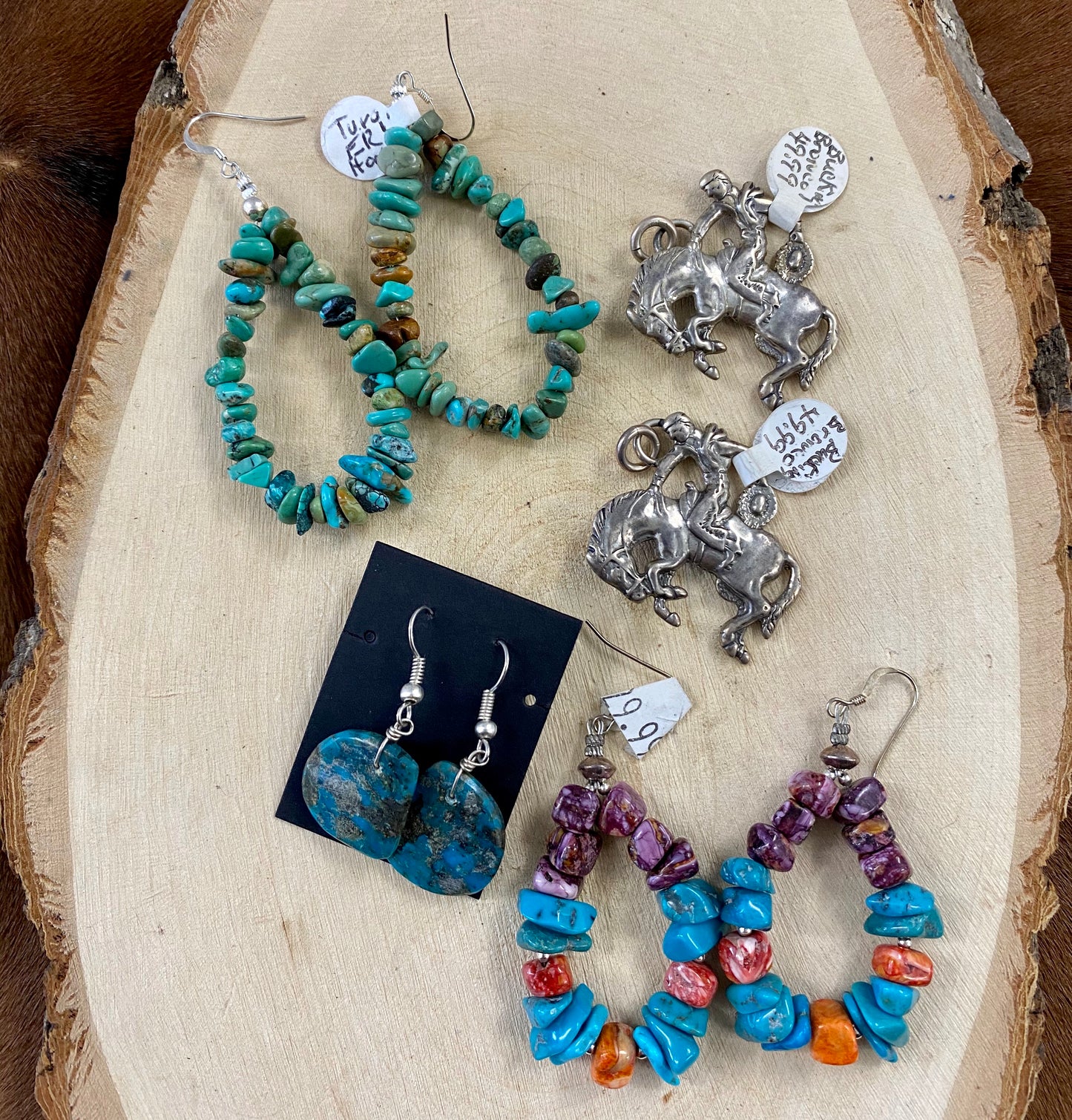 The Eastwood Earrings - Ny Texas Style Boutique Mixed stone hand made spiny oyster, coral and turquoise tear drop sterling silver hook handmade earrings. These are lightweight Teardrop Turquoise Earrings