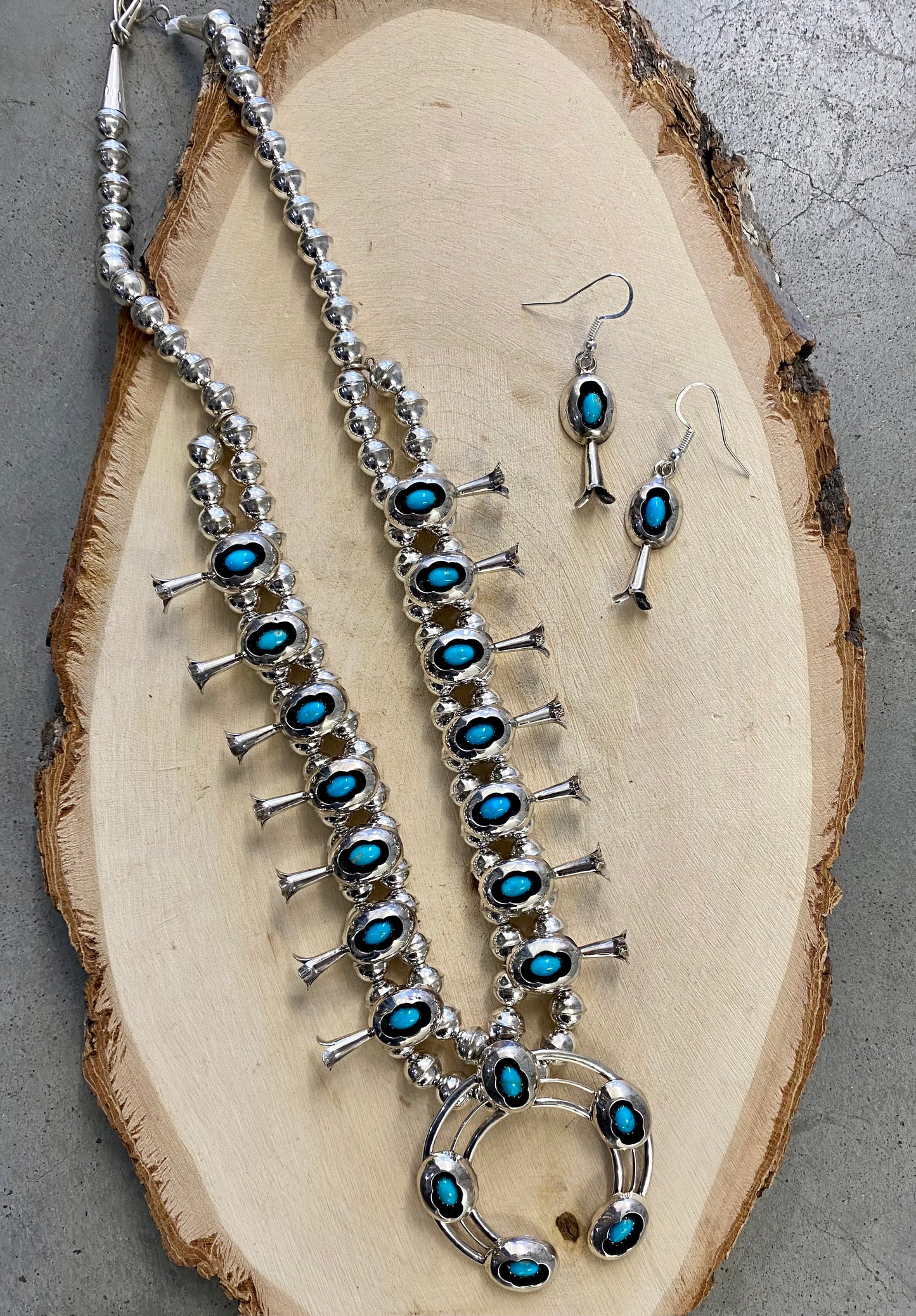 The Turquoise Squash Blossom & Earrings Set Signed PG