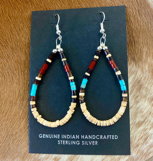 Beautiful turquoise, jet and heishi beaded teardrop sterling silver earrings. Made by talented Native American artist and silversmith Ella Mae Garcia. Size: 2” Inches length x 1” inch width