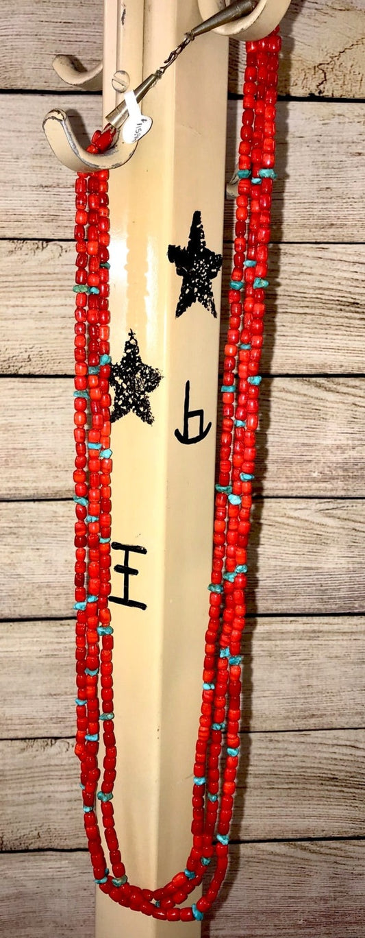 The Amanda Three Strand Coral and Turquoise 30" Inch Length NecklaceTriple strand native made coral and turquoise with sterling silver clasp necklace. This firecracker is beautiful and makes for the PERFECT summertime necklace. The perfect necklace to add a pendant to, layer with other necklaces, or wear alone! Size: 30” Inch Length Closure: Hook Stone: Turquoise and Coral Navajo Made Long 3 Strand Coral & Turquoise 30" Inch Length Necklace