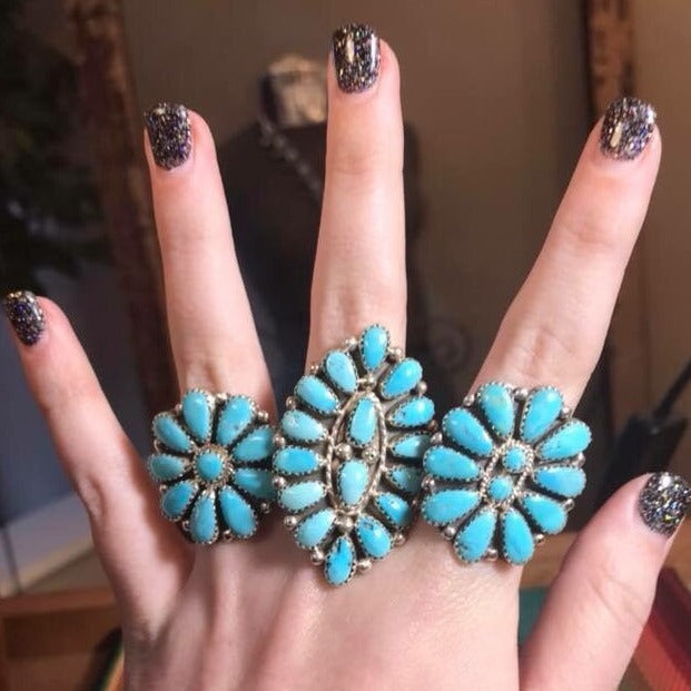 Authentic handmade turquoise sterling silver unique cluster ring. Stamped sterling and signed EJW by artist silversmith on back. This size 9 ring is stunning and unique, the color variation throughout this piece is especially beautiful. Native American Turquoise Ring, Western Turquoise Rings, Western Jewelry, NFR Style