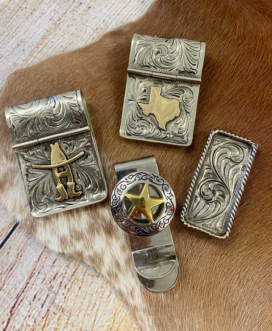 The H Large Money Clip - Ny Texas Style Boutique Handmade silver plate with engraving on both sides, hinged in the middle with gold plate figure. Size: 2 inches by 1 ½ inches. Houston Rodeo Money Clip, Cowboy Gifts for Him, Houston Livestock Show and Rodeo, Christmas gifts for him, Cowboy Money Clips, Western Theme Gifts, Cowboy Accessories, Western Men Money Clips