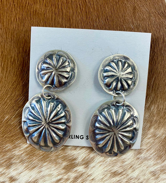 Beautiful double Concho post sterling silver authentic earrings by Native American artist silversmith Joan Begay. The perfect statement silver earrings to wear casually or dressed up. Size: 2" Inches Length X 1" Inch Width Signed: Yes Hallmark/Artist: Joan Begay Western Earrings, Concho Jewelry, Native Made Earrings