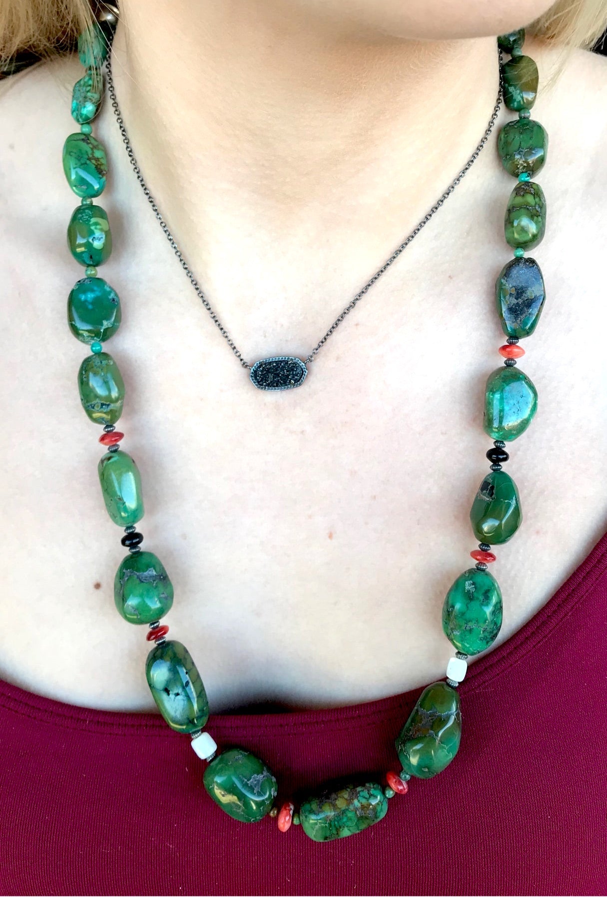 The Cole Green Turquoise Necklace - Ny Texas Style Boutique Green turquoise single strand sterling silver necklace. The perfect piece to add to your jewelry collection. Wear this necklace to your next girls night or to work. This piece can easily be dressed up or down. Pairs well with coral and turquoise jewelry. Pair with a pendant, layer with other necklaces, or wear this beauty alone. The styling options are endless. Size: 24” Inches length Stone: Turquoise