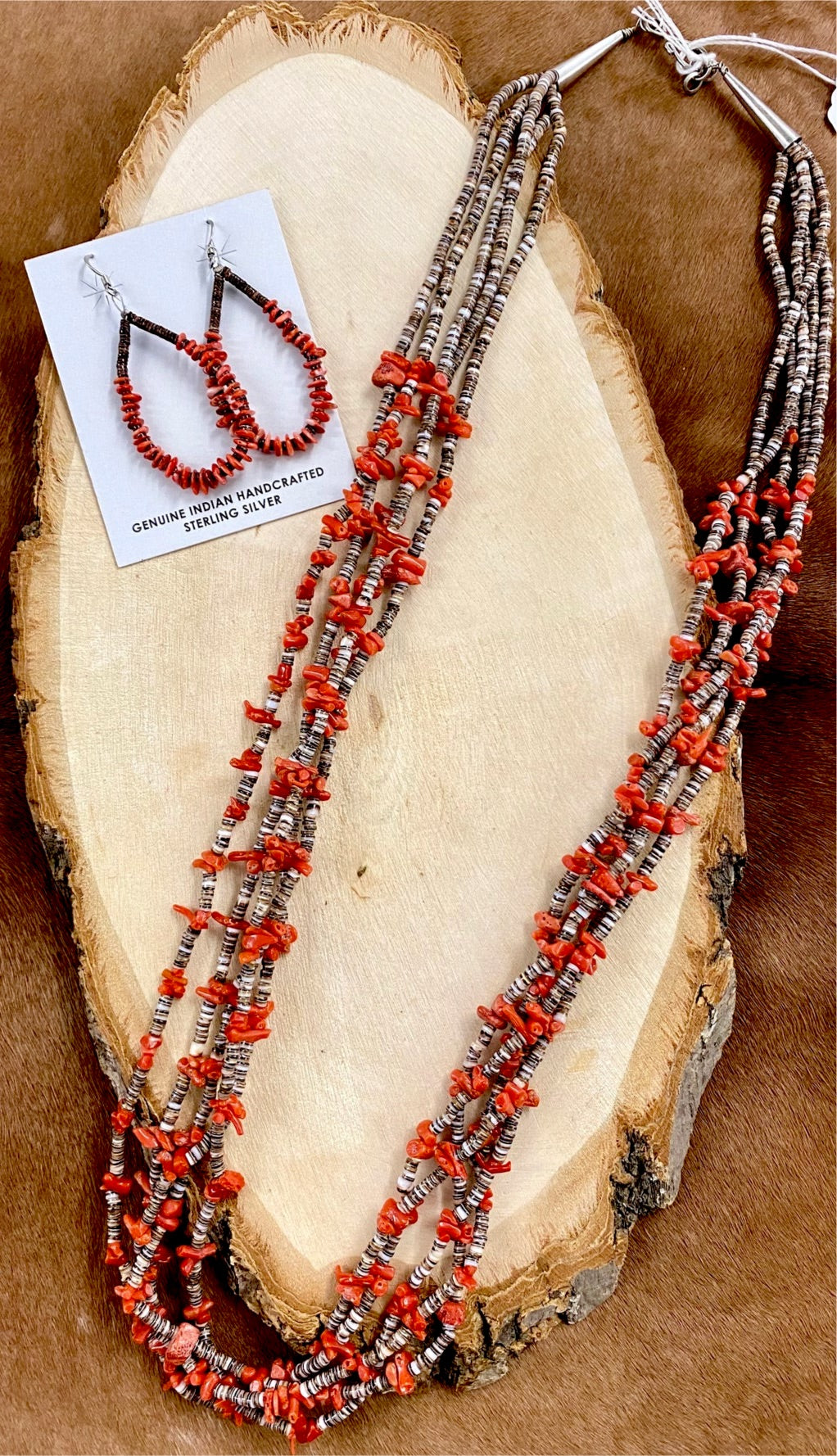 Handmade Native American Made Heishe Coral Five Strand Necklace
