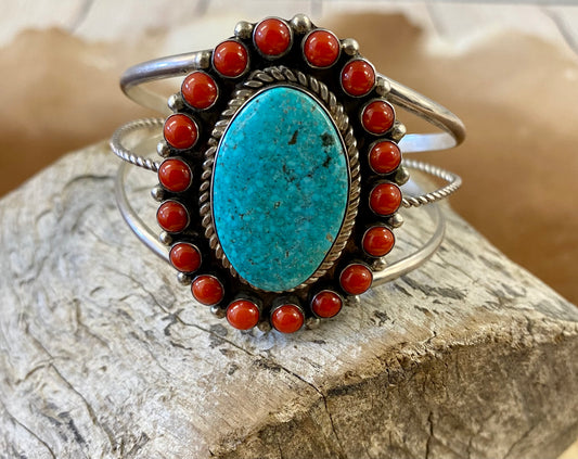 Turquoise and Coral Cuff