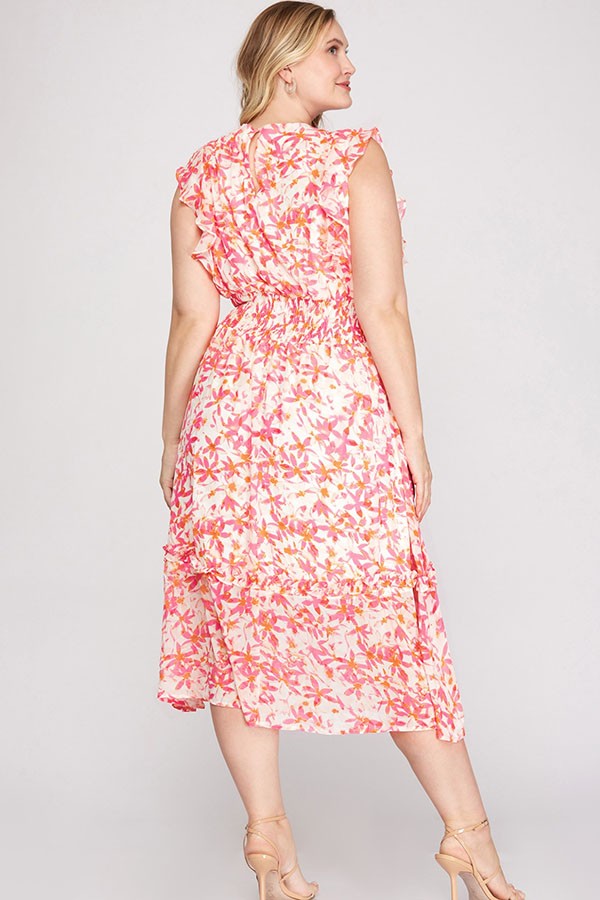 Pink Floral Flutter Sleeve Dress
