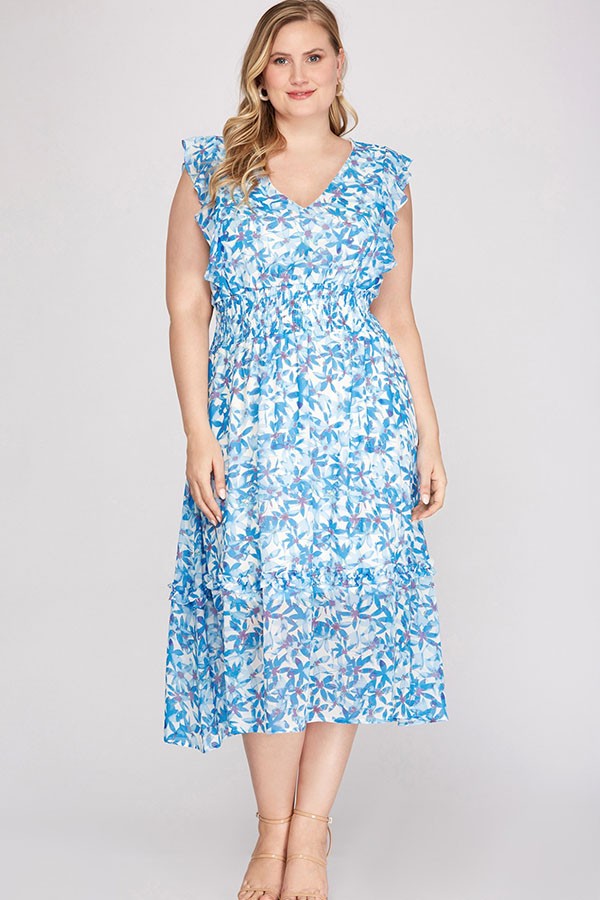 Blue Floral Flutter Sleeve Dress