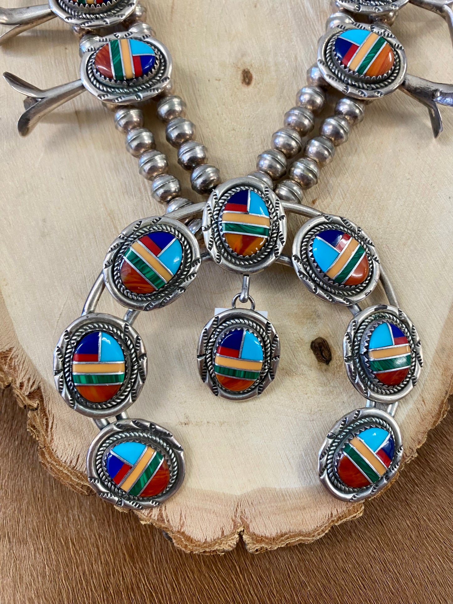 Multicolor Inlay Sterling Silver Squash Blossom Necklace Set 
