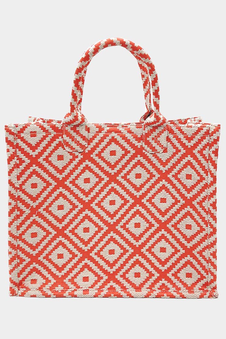 The Anglo Coral Geometric Patterned Large Tote BagPerfect for summer coral color geometric patterned tote bag. The essential beach and vacation tote purse that will keep you stylish and kept together. Size : 14" X 6" X 11.5"Material : 100% Polyester The Anglo Coral Geometric Patterned Large Tote Bag Summer beach bag - Large printed tote - Colorful large purse
