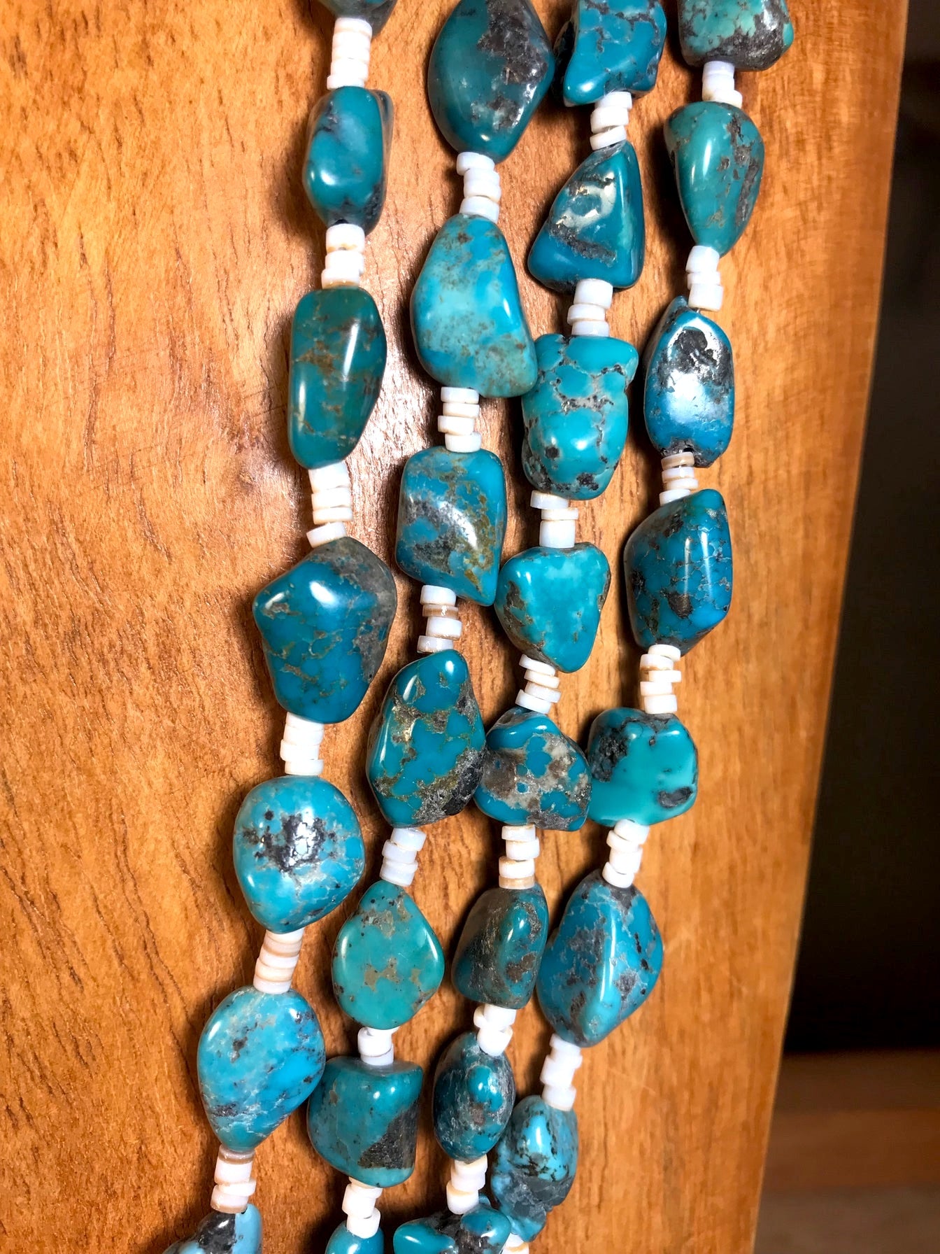 The Sherry 4 strand Turquoise Necklace - Ny Texas Style Boutique Four strand Native made 30" inch length turquoise and heishi sterling silver necklace. The perfect piece to layer alone or with other necklaces. Size: 30" Inches Length Stone: Turquoise | Turquoise Native Made Sterling Silver Necklace, Western Necklace Jewelry, Boho 30" Inches Length Necklace, Cowgirl NFR Rodeo Jewelry
