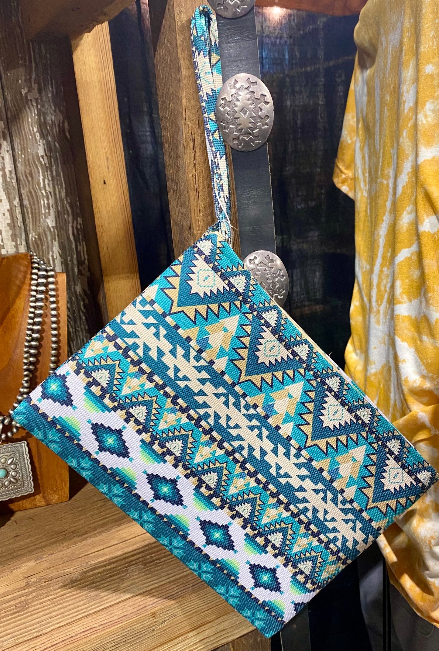 The Turquoise Aztec Print Wristlet