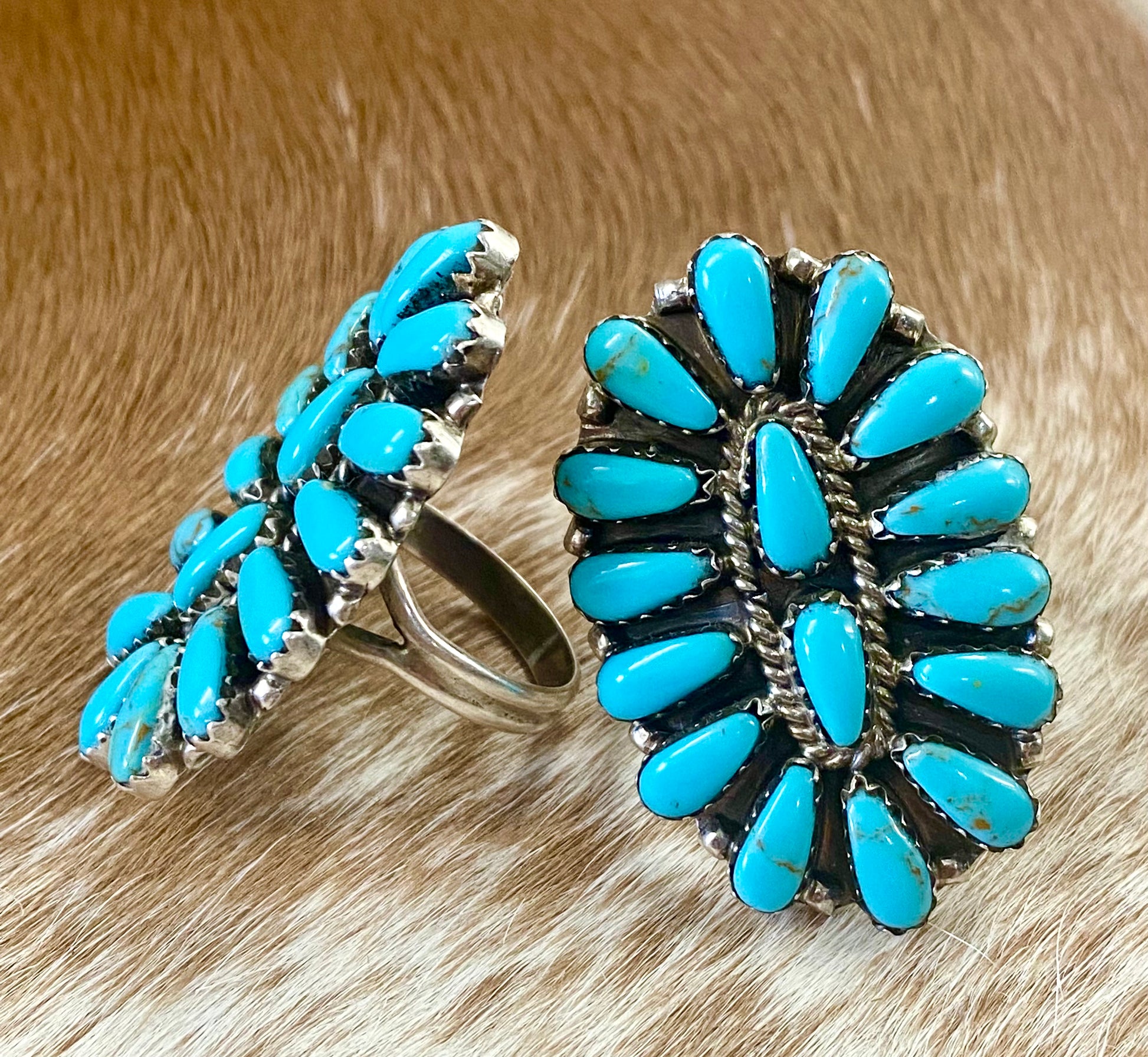 Turquoise traditional cluster sterling silver ring. Stamped sterling and signed “RW” on the back by artist silversmith. This piece is beautiful and will make a gentle statement with any outfit. Sizes 6.5 & 7 available. | Native American Made Turquoise Ring, Women's Boho Turquoise Jewelry Boutique, NFR Jewelry