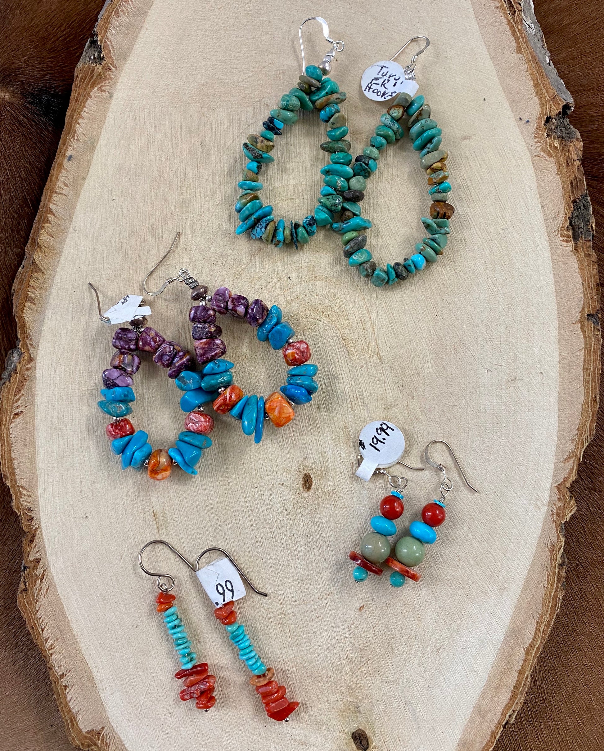 The Eastwood Earrings - Ny Texas Style Boutique Mixed stone hand made spiny oyster, coral and turquoise tear drop sterling silver hook handmade earrings. These are lightweight and the perfect pop of color for any outfit!   Size: 2” Inches length