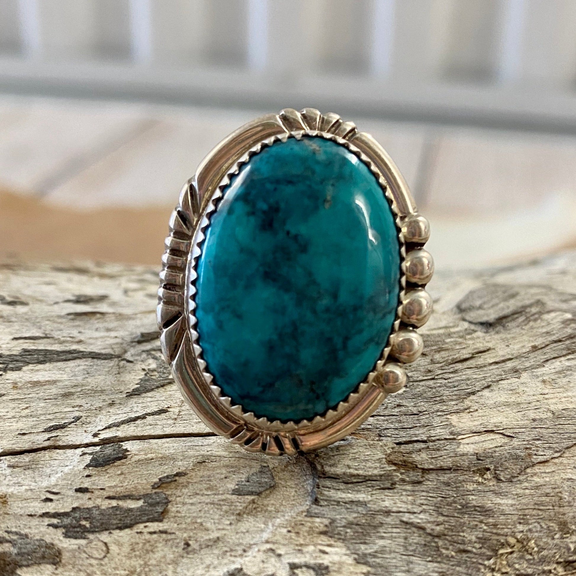 Stamped sterling and signed AB JR by Native American artist silversmith Allen Boy Jr. turquoise ring. Men's Western Turquoise Ring | Women's Western Jewelry | Sterling Silver Native American Ring | Round Oval Turquoise Ring Size 10 | Turquoise Native Made Ring | Western Jewelry Ring | Sterling Silver Turquoise Ring