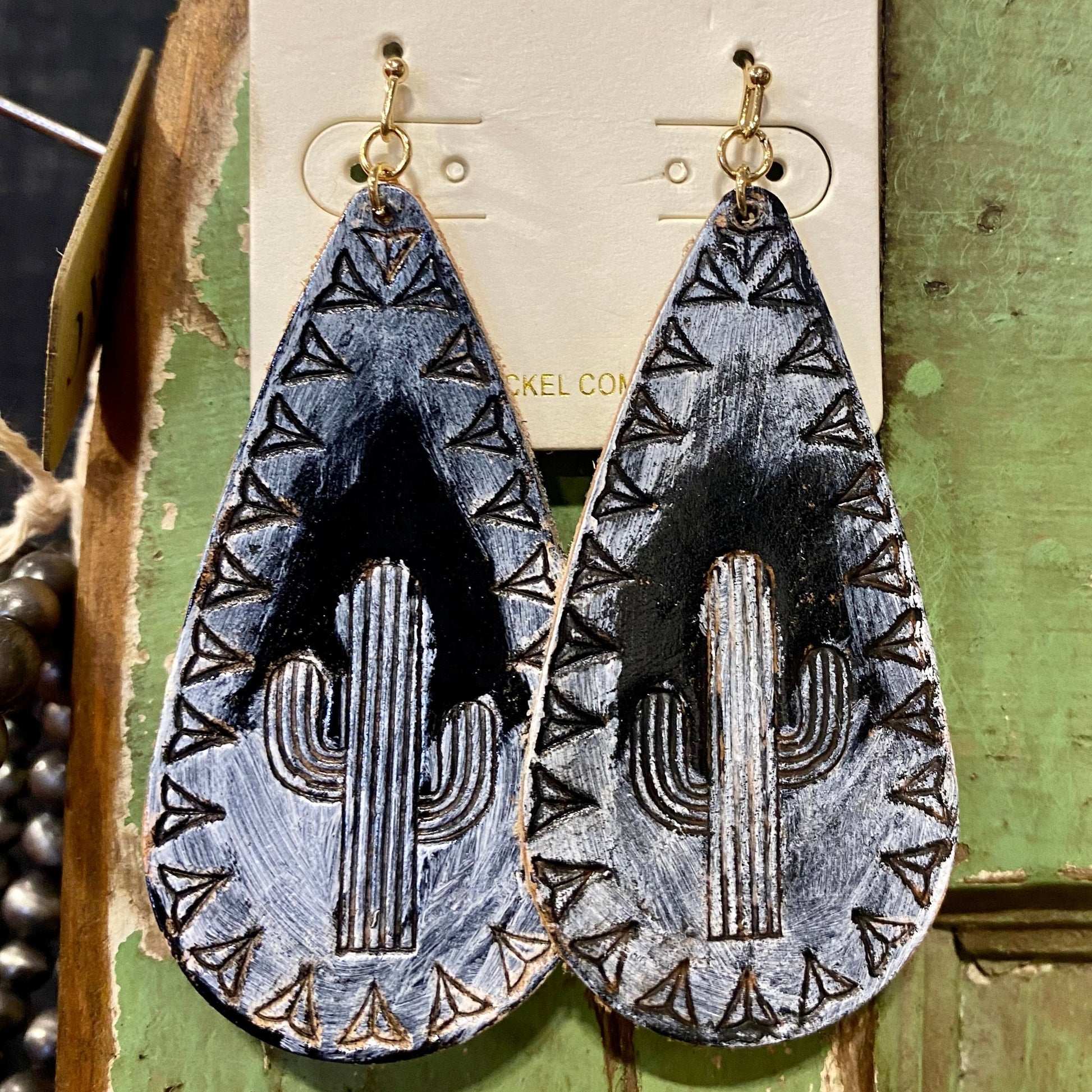 Black and Gray Cactus Teardrop Style Leather Western Hook Earrings Black and Gray Cactus Teardrop Style Leather Western Hook Earrings