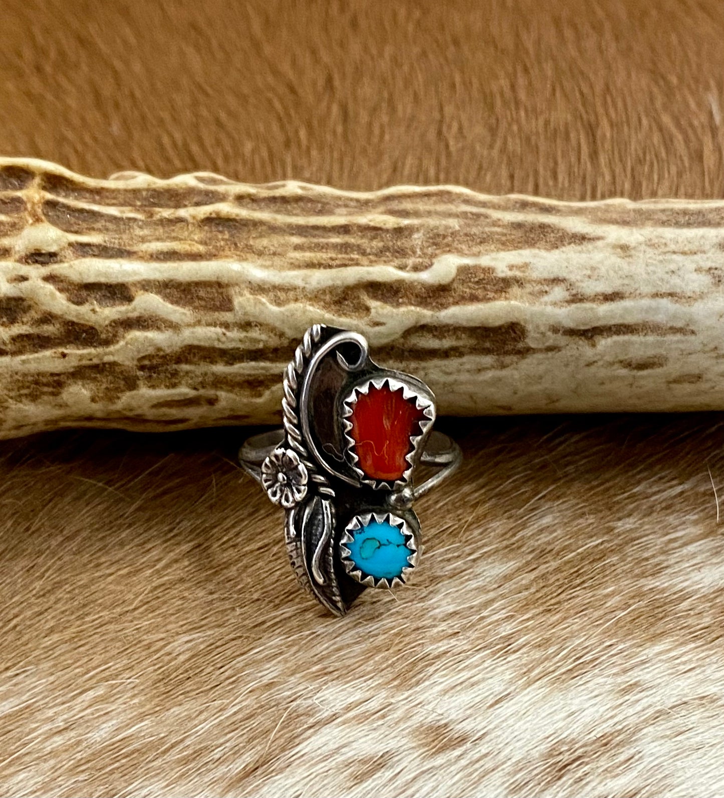 The Jenny Turquoise & Coral Ring (Size 5)