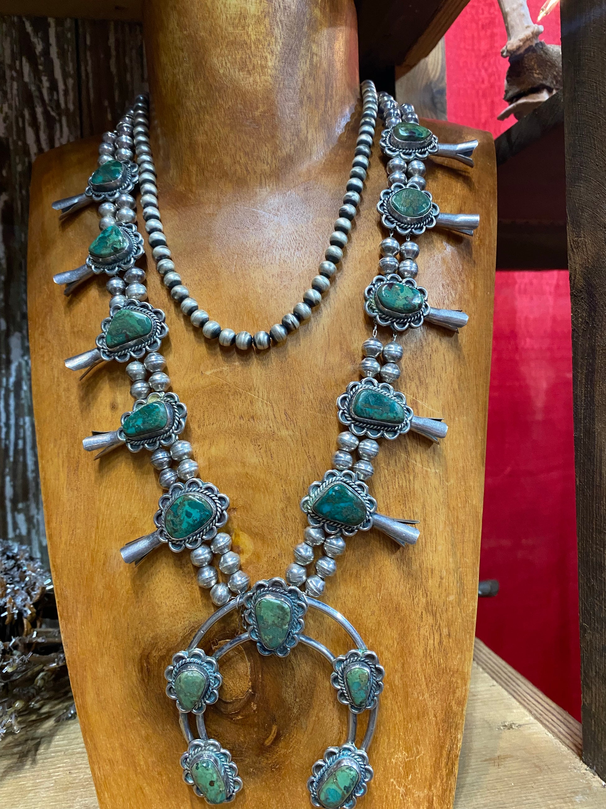 Kingman Turquoise Squash Blossom Necklace by Brenda Jimenez – Persimmon  Hill at the National Cowboy & Western Heritage Museum