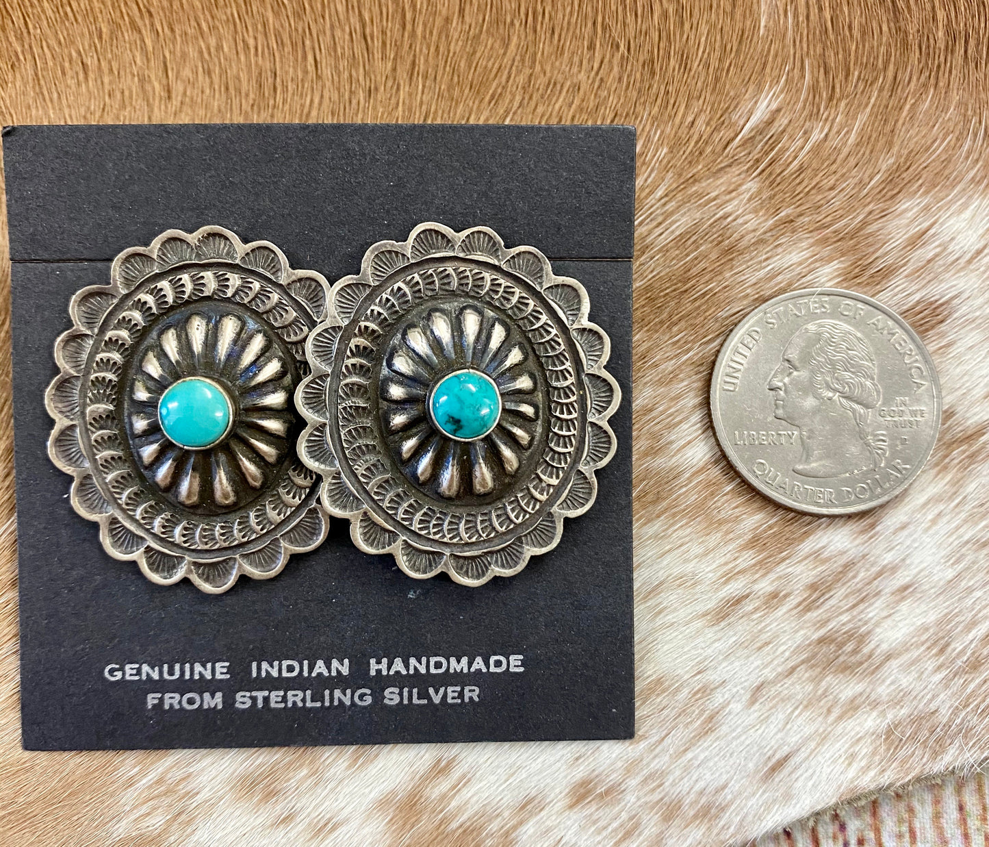 Native American Made Sterling Silver Concho Earrings With Turquoise Authentic large post concho style sterling silver earrings with turquoise. Stamped sterling and signed by Native American artist silversmith on the back inside the indent of the earrings. 