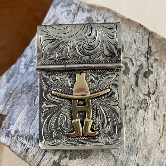 The H Large Money Clip - Ny Texas Style Boutique Handmade silver plate with engraving on both sides, hinged in the middle with gold plate figure. Size: 2 inches by 1 ½ inches. Houston Rodeo Money Clip, Cowboy Gifts for Him, Houston Livestock Show and Rodeo, Christmas gifts for him, Cowboy Money Clips, Western Theme Gifts, Cowboy Accessories, Western Men Money Clips