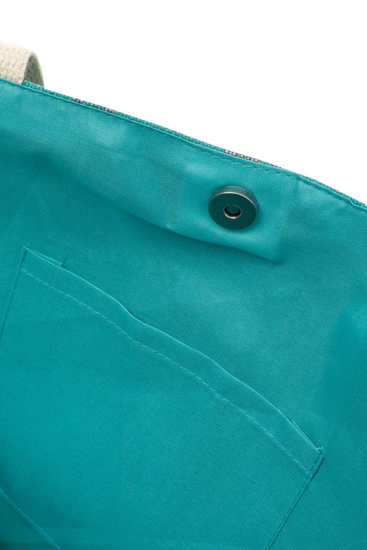 The perfect beach and farmers market bag featuring silver cacti across it. This turquoise tote bag has magnetic closure and one inside slip pocket. This also would make for a wonderful overnight bag. Size: 20.25" x 5" x 15.5"Material: 60% Cotton, 40% Polyester Cactus Tote Bag, Summer Cactus Beach Bag, Western Tote Bag