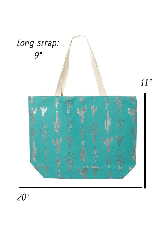 The perfect beach and farmers market bag featuring silver cacti across it. This turquoise tote bag has magnetic closure and one inside slip pocket. This also would make for a wonderful overnight bag. Size: 20.25" x 5" x 15.5"Material: 60% Cotton, 40% Polyester Cactus Tote Bag, Summer Cactus Beach Bag, Western Tote Bag